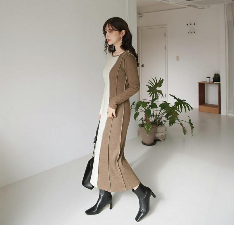 2WAYサイド配色ワンピース・全2色・t65634 レディース 【ops】【ワンピース ロング ロングワンピース 前後着用自由 2way 長袖 モダン 大人 配色 秋 冬 韓国 ファッション】【ハイホリHIHOLLI】