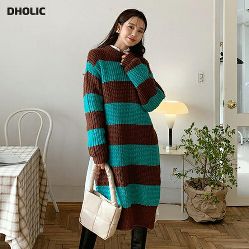 【只今10%OFF】ストラップ付ボーダーニットワンピース・全2色・t62116 レディース 【ops】【韓国 ファッション ワンピース ミディ ミドル ミディアム 膝丈 膝下 ニット ラウンドネック 長袖 ロングスリーブ Hライン ローゲージ パターン 柄 カジュアル 秋 冬】