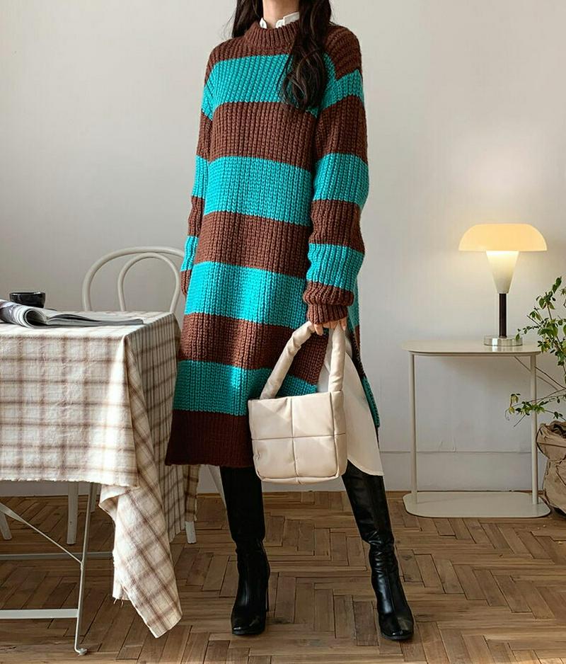 【只今10%OFF】ストラップ付ボーダーニットワンピース・全2色・t62116 レディース 【ops】【韓国 ファッション ワンピース ミディ ミドル ミディアム 膝丈 膝下 ニット ラウンドネック 長袖 ロングスリーブ Hライン ローゲージ パターン 柄 カジュアル 秋 冬】