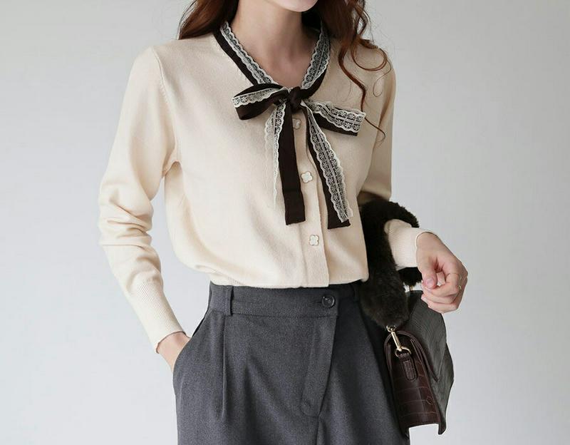 【新作10%OFF】レースリボンニット・全2色・b65642 レディース 【tops】【トップス ニット ニットトップス 長袖 レース リボン りぼん ガーリー 可愛い かわいい Vネック 配色 韓国 ファッション】【ハイホリHIHOLLI】