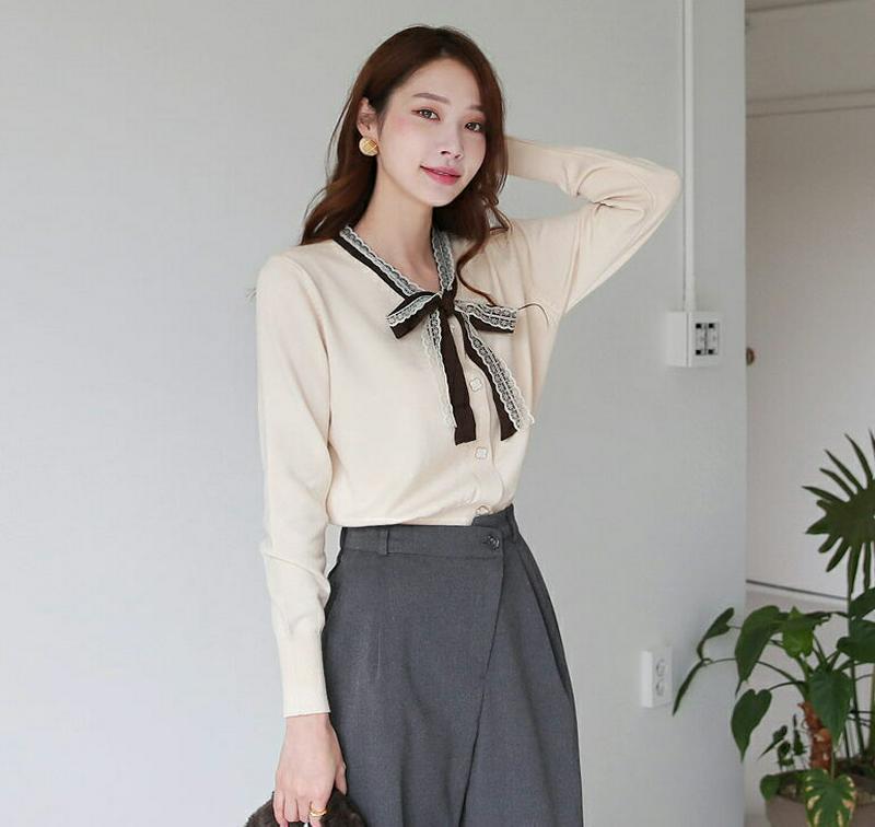 【新作10%OFF】レースリボンニット・全2色・b65642 レディース 【tops】【トップス ニット ニットトップス 長袖 レース リボン りぼん ガーリー 可愛い かわいい Vネック 配色 韓国 ファッション】【ハイホリHIHOLLI】