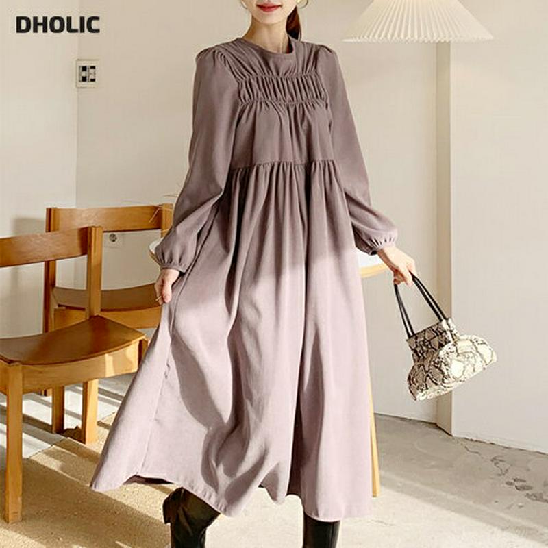 【只今10%OFF】ギャザーロングワンピース・全2色・t65641 レディース 【ops】【ワンピース ロング ロングワンピース 長袖 ギャザー 単色 無地 シンプル カジュアル フレア ラフ 秋 冬 韓国 ファッション】【ハイホリHIHOLLI】