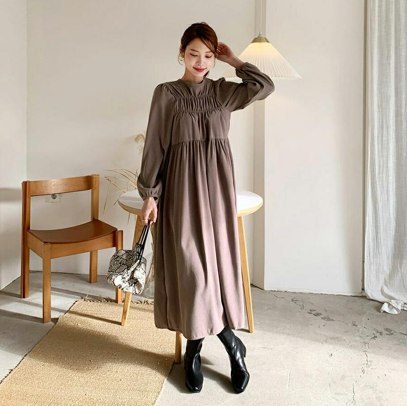 【只今10%OFF】ギャザーロングワンピース・全2色・t65641 レディース 【ops】【ワンピース ロング ロングワンピース 長袖 ギャザー 単色 無地 シンプル カジュアル フレア ラフ 秋 冬 韓国 ファッション】【ハイホリHIHOLLI】