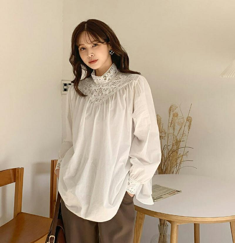 【只今10%OFF】ネックレースブラウス・全2色・t65636 レディース 【bl】【トップス ブラウス 長袖 レース 透け感 シアー シースルー ギャザー ハーフネック 襟コンシャス フェミニン 白ブラウス 秋 冬 韓国 ファッション】【ハイホリHIHOLLI】