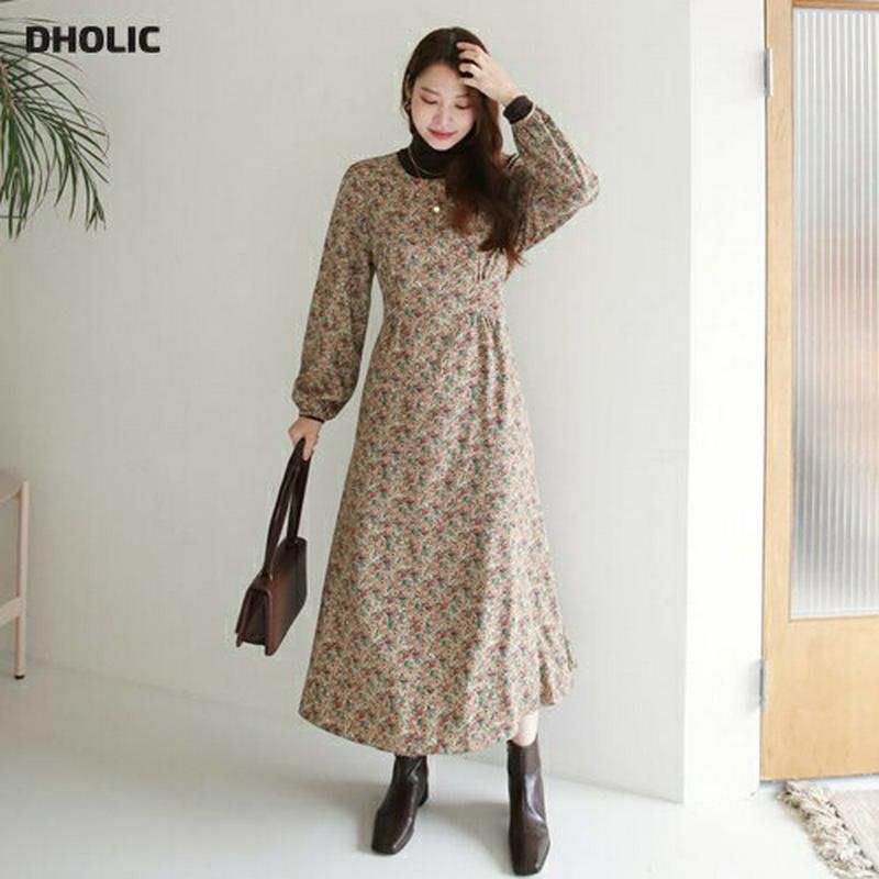 【只今10%OFF】フラワーワンピース・全2色・65631 レディース 【ops】【ワンピース ロング ロングワンピース 長袖 花柄 フラワー 小花柄 フェミニン リボン りぼん かわいい 秋 冬 韓国 ファッション】【ハイホリHIHOLLI】