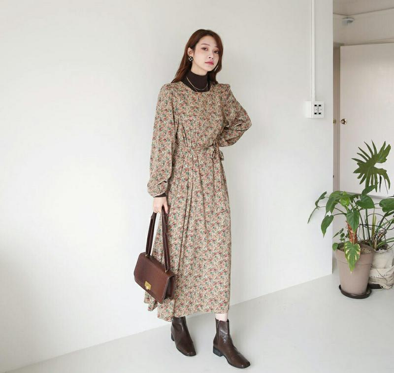 【只今10%OFF】フラワーワンピース・全2色・65631 レディース 【ops】【ワンピース ロング ロングワンピース 長袖 花柄 フラワー 小花柄 フェミニン リボン りぼん かわいい 秋 冬 韓国 ファッション】【ハイホリHIHOLLI】