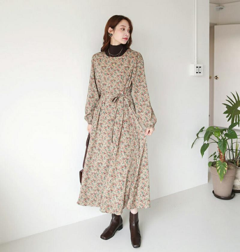 【只今10%OFF】フラワーワンピース・全2色・65631 レディース 【ops】【ワンピース ロング ロングワンピース 長袖 花柄 フラワー 小花柄 フェミニン リボン りぼん かわいい 秋 冬 韓国 ファッション】【ハイホリHIHOLLI】