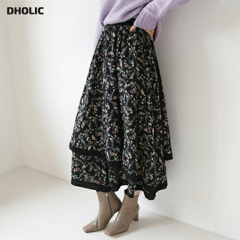 【只今10%OFF】ラップ調フラワースカート・全2色・t65653 レディース 【sk】【スカート ロング ロングスカート 花柄 フラワー ラップデザイン 可愛い かわいい フレア ウエストゴム 揺れ感 秋 冬 韓国 ファッション】【ハイホリHIHOLLI】