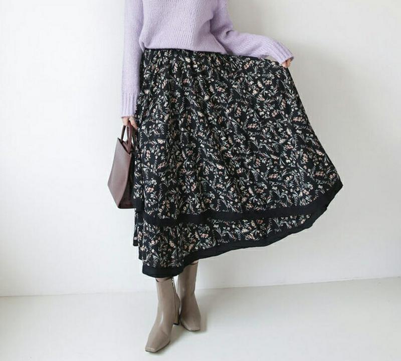 【只今10%OFF】ラップ調フラワースカート・全2色・t65653 レディース 【sk】【スカート ロング ロングスカート 花柄 フラワー ラップデザイン 可愛い かわいい フレア ウエストゴム 揺れ感 秋 冬 韓国 ファッション】【ハイホリHIHOLLI】