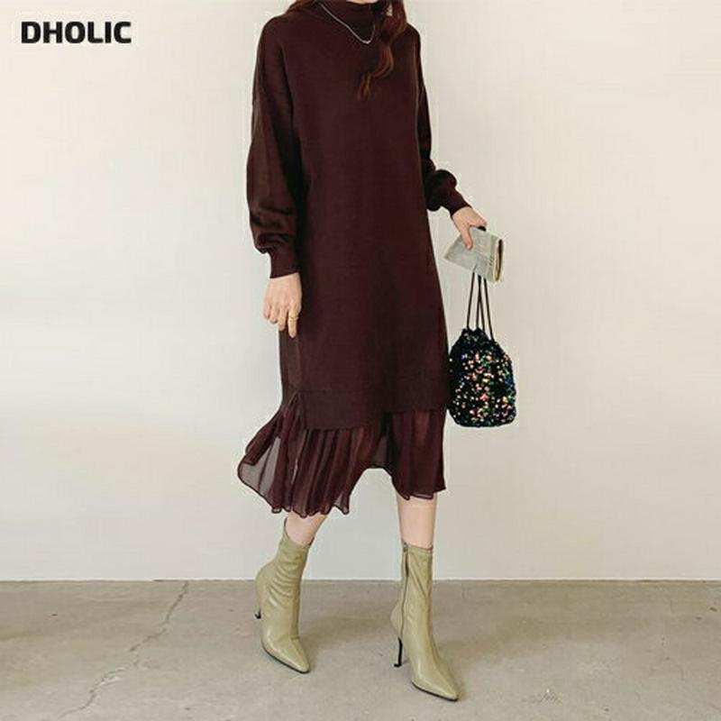 【新作10%OFF】シフォンへムニットワンピース・全3色・b65635 レディース 【ops】【ワンピース ミディ丈 ミディワンピース 長袖 ニット ニットワンピース 透け感 シアー シフォン シースルー 単色 ハーフネック 無地 秋 冬 韓国 ファッション】【ハイホリHIHOLLI】