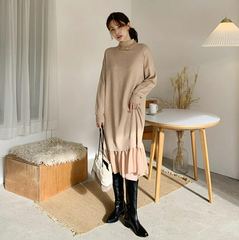 【新作10%OFF】シフォンへムニットワンピース・全3色・b65635 レディース 【ops】【ワンピース ミディ丈 ミディワンピース 長袖 ニット ニットワンピース 透け感 シアー シフォン シースルー 単色 ハーフネック 無地 秋 冬 韓国 ファッション】【ハイホリHIHOLLI】