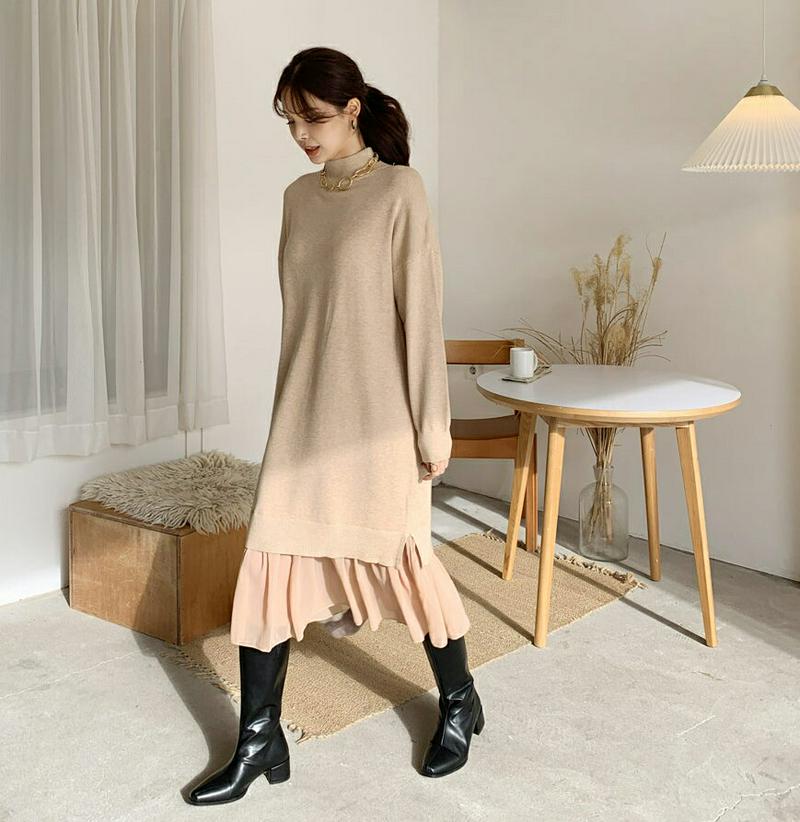 【新作10%OFF】シフォンへムニットワンピース・全3色・b65635 レディース 【ops】【ワンピース ミディ丈 ミディワンピース 長袖 ニット ニットワンピース 透け感 シアー シフォン シースルー 単色 ハーフネック 無地 秋 冬 韓国 ファッション】【ハイホリHIHOLLI】