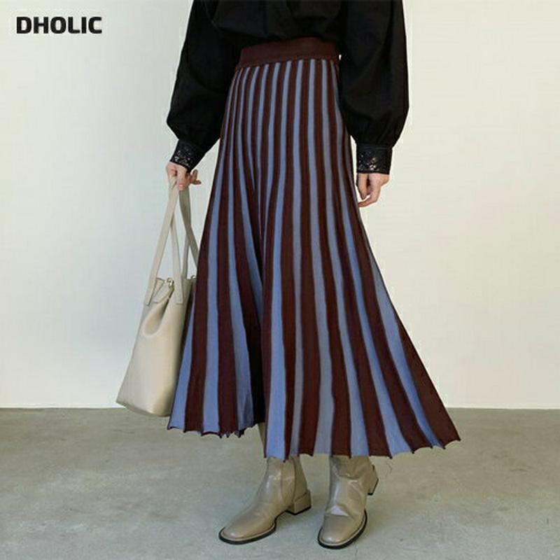 【只今10%OFF】配色プリーツスカート・全2色・b65650 レディース 【sk】【スカート ロング ロングスカート プリーツ プリーツスカート 配色 ニット ニットスカート フレア フレアスカート ウエストゴム 秋 冬 韓国 ファッション】【ハイホリHIHOLLI】