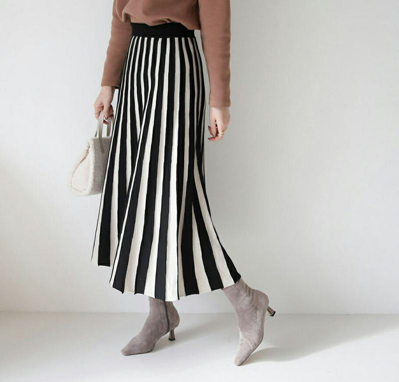 【只今10%OFF】配色プリーツスカート・全2色・b65650 レディース 【sk】【スカート ロング ロングスカート プリーツ プリーツスカート 配色 ニット ニットスカート フレア フレアスカート ウエストゴム 秋 冬 韓国 ファッション】【ハイホリHIHOLLI】