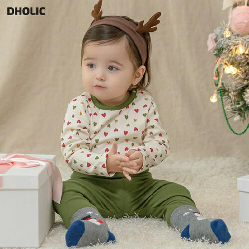 メリーハートルームウェア上下SET(olive)・p010051 キッズ【0~2才】【uw】【ルームウェア 部屋着 パジャマ 長袖 トップス ハート 柄 パンツ ズボン 無地 単色 かわいい 女の子 男の子 韓国 韓国子供服 子供 こども 子供服 こども服】【KIDS】