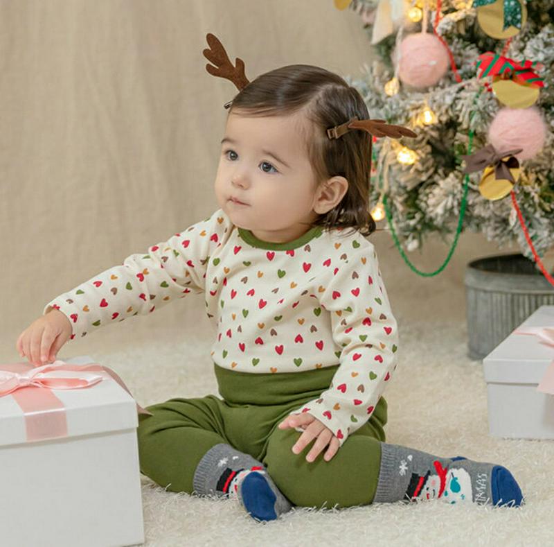 メリーハートルームウェア上下SET(olive)・p010051 キッズ【0~2才】【uw】【ルームウェア 部屋着 パジャマ 長袖 トップス ハート 柄 パンツ ズボン 無地 単色 かわいい 女の子 男の子 韓国 韓国子供服 子供 こども 子供服 こども服】【KIDS】