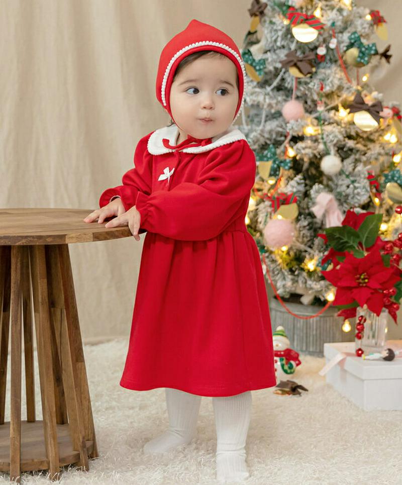 リボンサンタワンピース・p010062 キッズ【0~2才】【ops】【ワンピース ロング ロングワンピース 長袖 サンタ リボン りぼん クリスマス 可愛い かわいい 女の子 冬 韓国 韓国子供服 子供 こども 子供服 こども服】【KIDS】