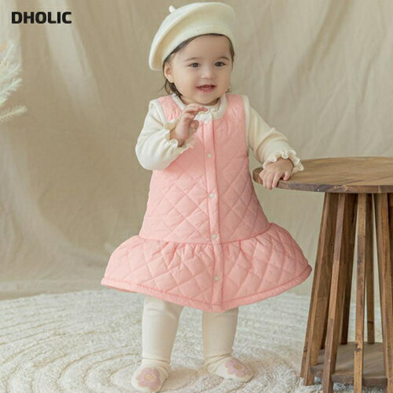 キルトワンピース(ピンク)・p010045 キッズ【0~2才】【ops】【ワンピース キルト キルティング 単色 シンプル カジュアル レイヤード スリーブレス ノースリーブ かわいい 女の子 秋 冬 韓国 韓国子供服 子供 こども 子供服 こども服】【KIDS】