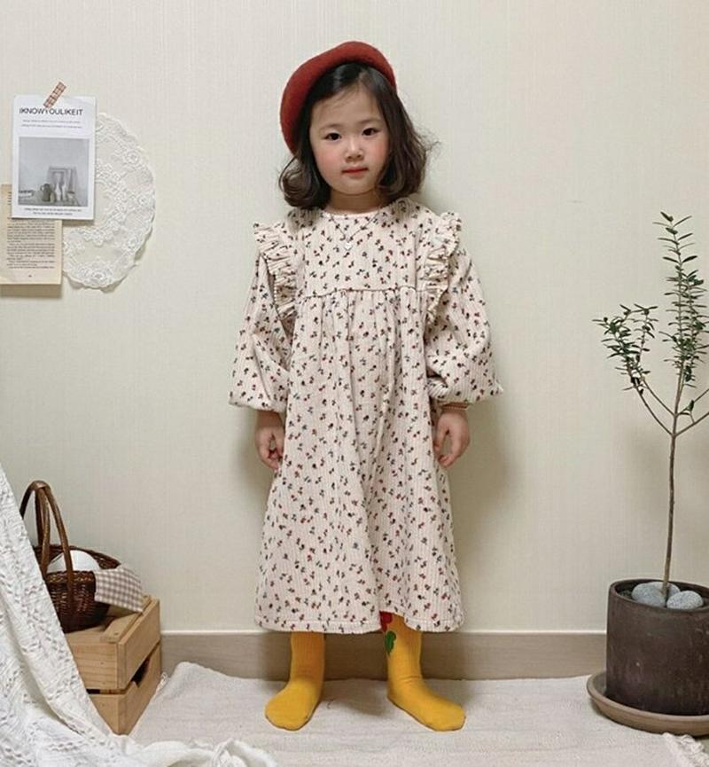 【キッズ30%OFF】花柄コーデュロイフリルワンピース・u09984 キッズ【3~8才】【ops】【ワンピース ロング ロングワンピース 長袖 コーデュロイ 花柄 フラワー フリル ガーリー 女の子 秋 冬 韓国 韓国子供服 子供 こども 子供服 こども服】【KIDS】