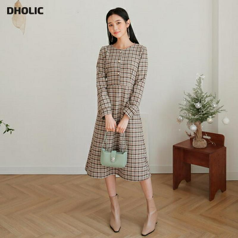 【只今10%OFF】チェックパールボタンワンピース・全2色・t61224 レディース 【ops】【韓国 ファッション ワンピース ロング ミモレ フレア Aライン ラウンドネック 長袖 レトロ ビンテージ ガーリー 端正 きれいめ スリム カジュアル 秋 冬】