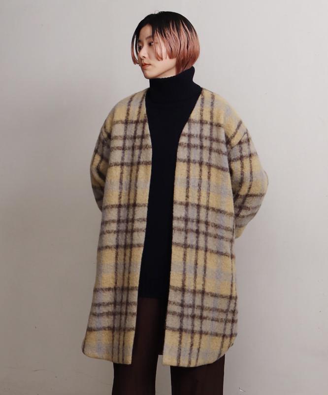 ウールモヘアシャギーチェックＶネックコート（cardo fabrica）