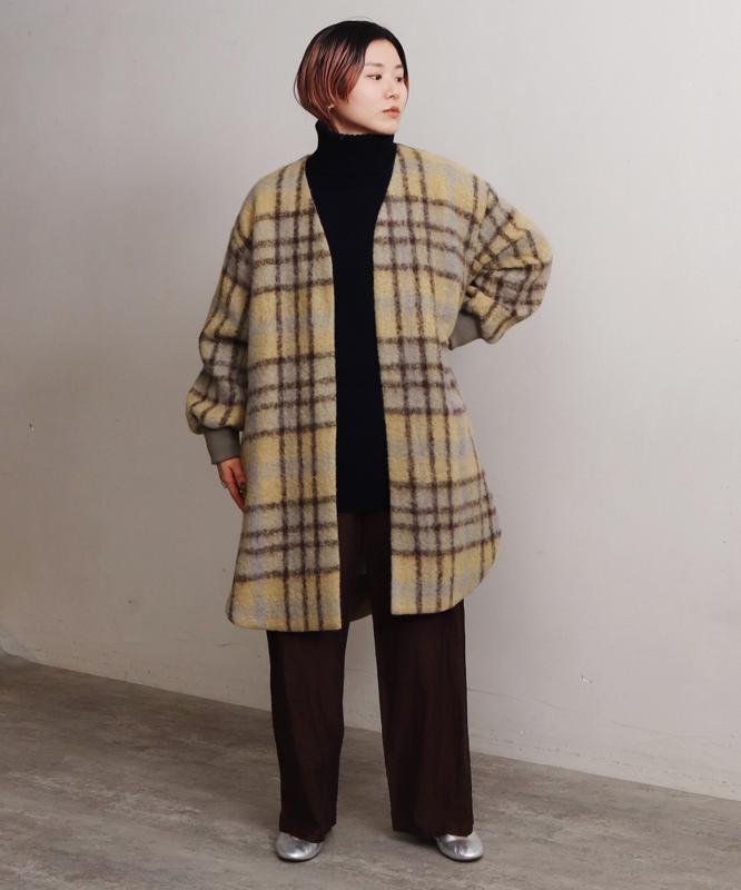 ウールモヘアシャギーチェックＶネックコート（cardo fabrica）