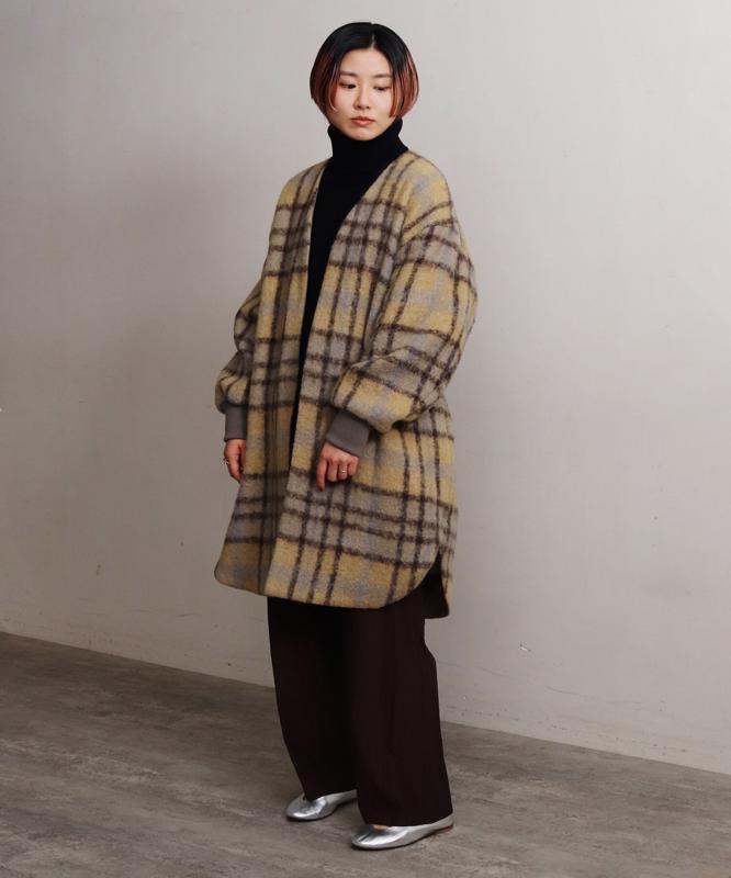 ウールモヘアシャギーチェックＶネックコート（cardo fabrica）
