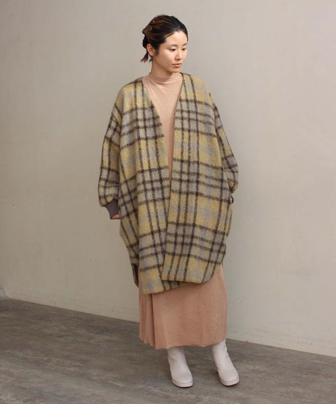 ウールモヘアシャギーチェックＶネックコート（cardo fabrica）