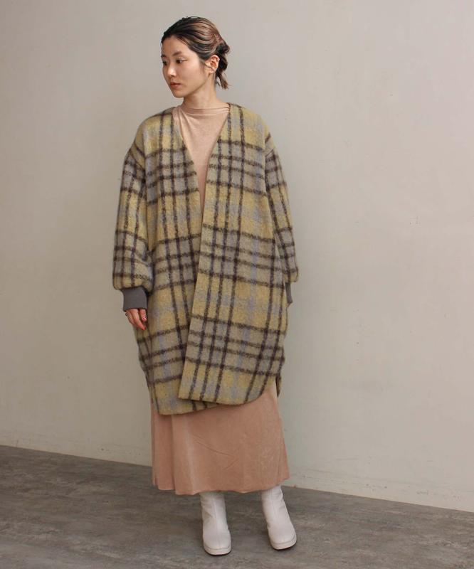 ウールモヘアシャギーチェックＶネックコート（cardo fabrica）