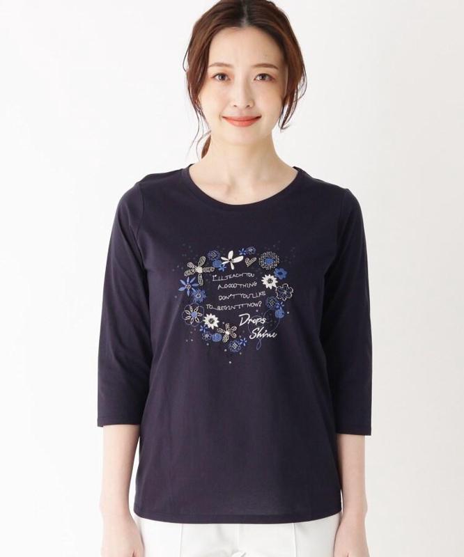 ビーズ×刺繍フラワーロゴ7分袖カットソー