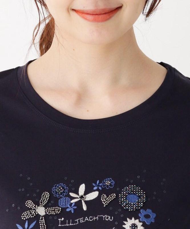 ビーズ×刺繍フラワーロゴ7分袖カットソー