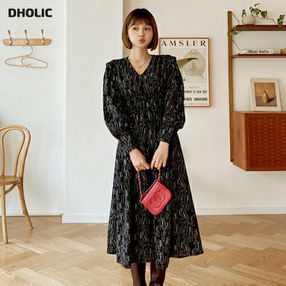 Vネックパフワンピース・全2色・b62132 レディース 【ops】【韓国 ファッション ワンピース ロング フレア Aライン Vネック 長袖 ぼわん袖 ボリューム袖 パターン 柄 花柄 上品 大人 カジュアル 秋 冬】【STYLE】