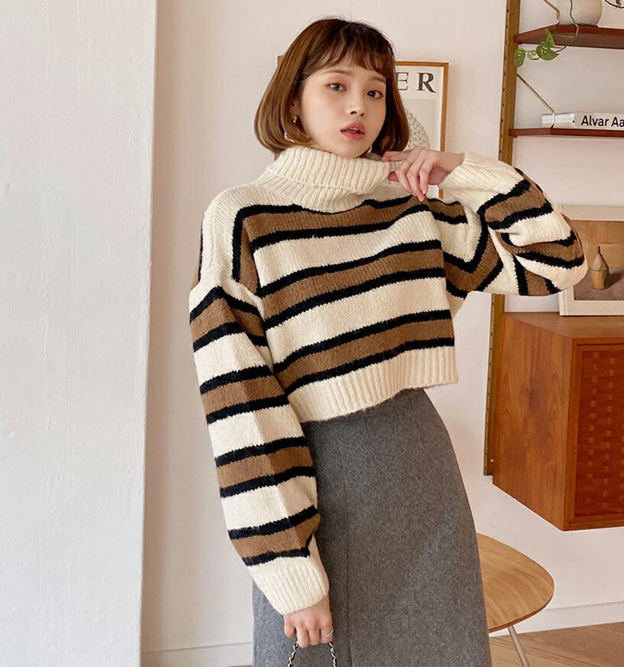 【只今15%OFF】ボーダータートルニット・全3色・t62129 レディース 【tops】【韓国 ファッション トップス ニット ハイネック 長袖 ぼわん袖 ボリューム袖 ショート クロップド ルーズ ゆったり ストリート ユニーク カジュアル 秋 冬】【STYLE】【CP】