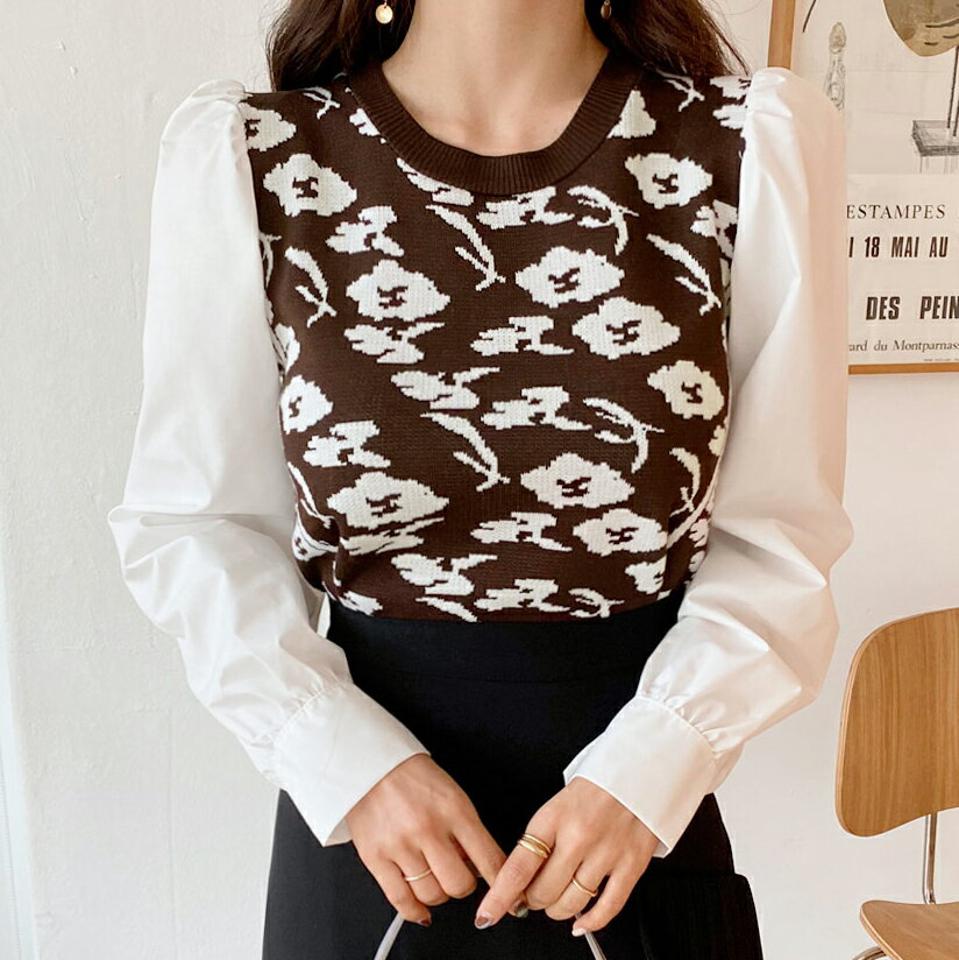 フローラルパフニット・全3色・b62125 レディース 【tops】【韓国 ファッション トップス ニット ラウンドネック 長袖 パターン 柄 総柄 パターンニット レトロ　ビンテージ ガーリー 花柄 スリム タイト 細身 カジュアル 秋 冬】【STYLE】