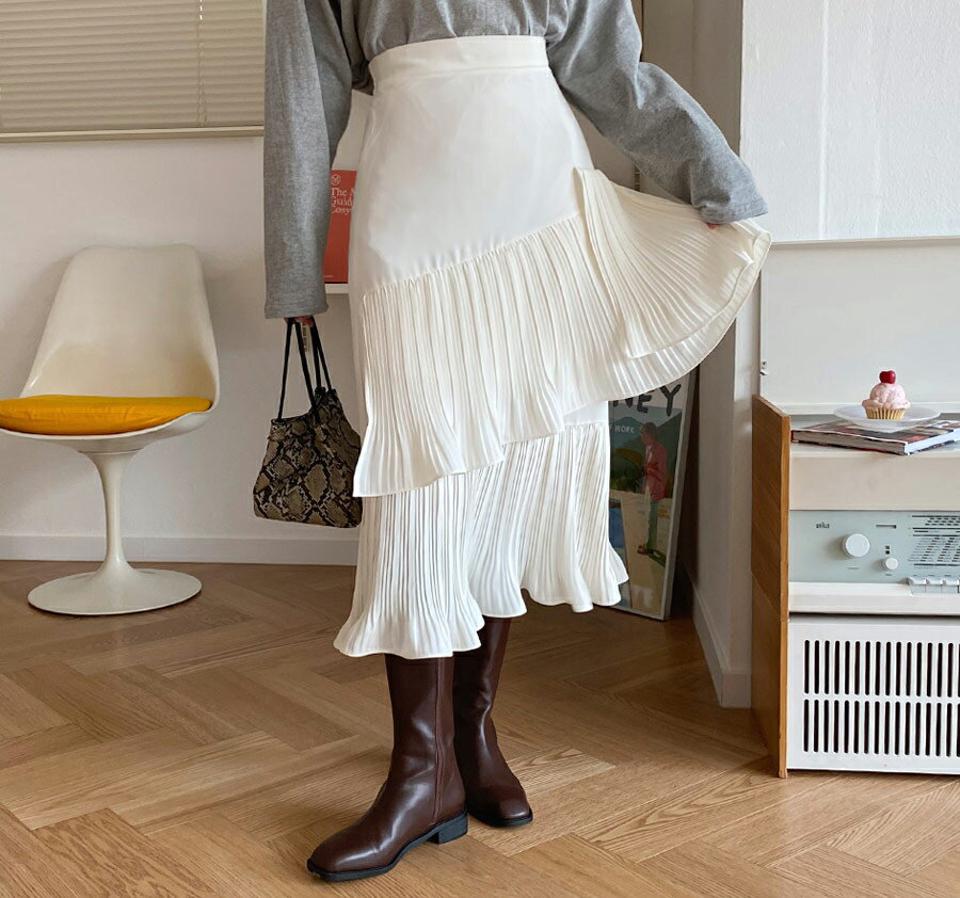 プリーツティアードスカート・全2色・b62148 レディース 【sk】【韓国 ファッション ボトムス スカート ロング フレア Aライン 無地 ユニーク エレガント 上品 カジュアル 秋 冬】【STYLE】