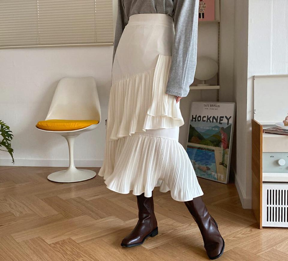 プリーツティアードスカート・全2色・b62148 レディース 【sk】【韓国 ファッション ボトムス スカート ロング フレア Aライン 無地 ユニーク エレガント 上品 カジュアル 秋 冬】【STYLE】