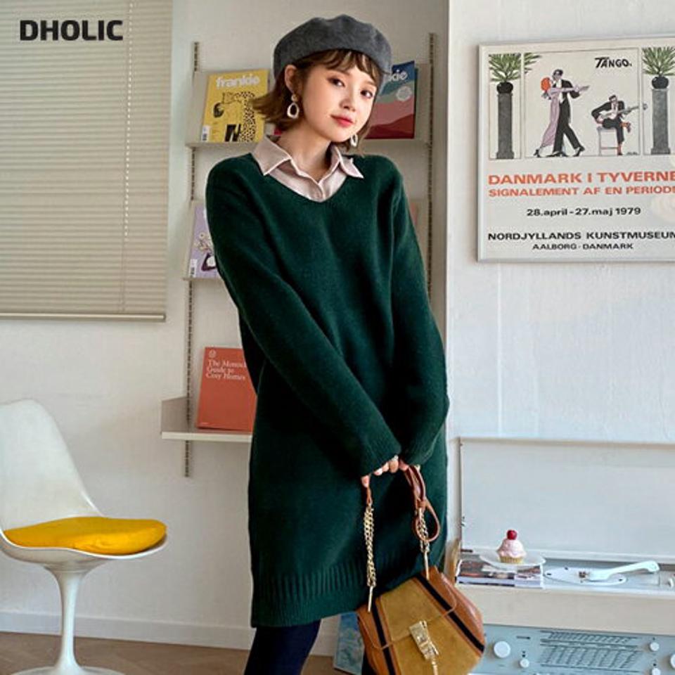 Vネックニットワンピース・全5色・t62130 レディース 【ops】【韓国 ファッション ワンピース ミディ ミドル 膝丈 長袖 Hライン ルーズ ゆったり ニット ロングスリーブ 体型カバー ハイゲージ カジュアル 秋 冬】【STYLE】