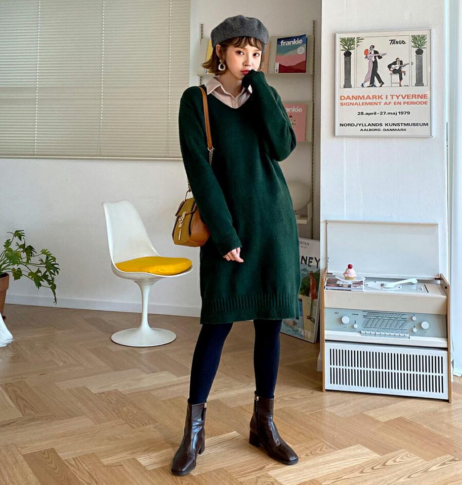 Vネックニットワンピース・全5色・t62130 レディース 【ops】【韓国 ファッション ワンピース ミディ ミドル 膝丈 長袖 Hライン ルーズ ゆったり ニット ロングスリーブ 体型カバー ハイゲージ カジュアル 秋 冬】【STYLE】