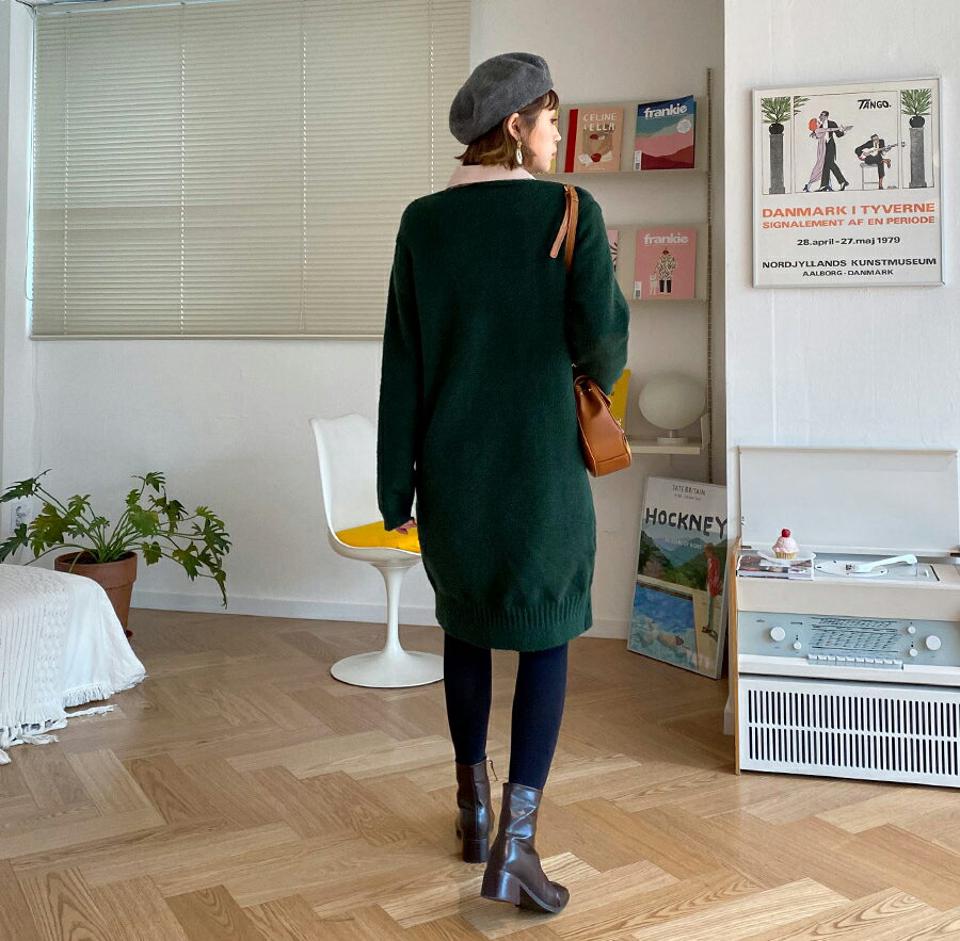 Vネックニットワンピース・全5色・t62130 レディース 【ops】【韓国 ファッション ワンピース ミディ ミドル 膝丈 長袖 Hライン ルーズ ゆったり ニット ロングスリーブ 体型カバー ハイゲージ カジュアル 秋 冬】【STYLE】