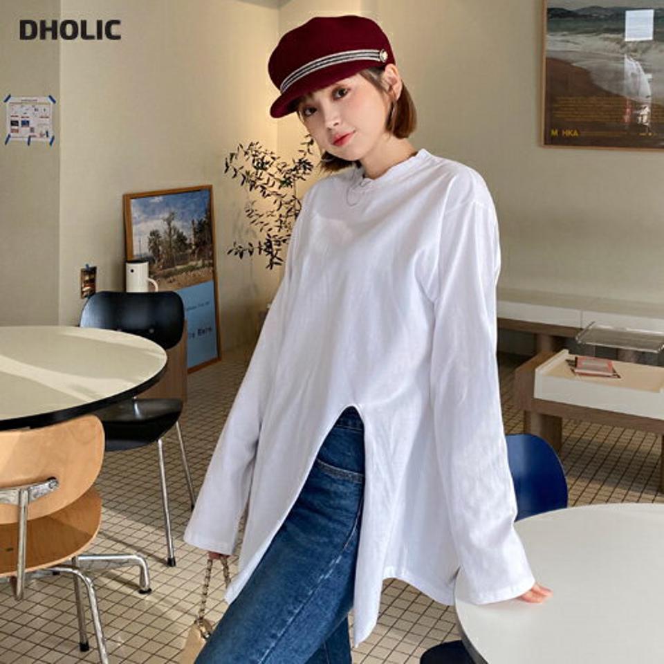 スリットTシャツ・全3色・t62117 レディース 【tops】【韓国 ファッション トップス Tシャツ カットソー ラウンドネック 長袖 ロングスリーブ フロントスリット 無地 ロング ロンT チュニック カジュアル 秋 冬】【STYLE】