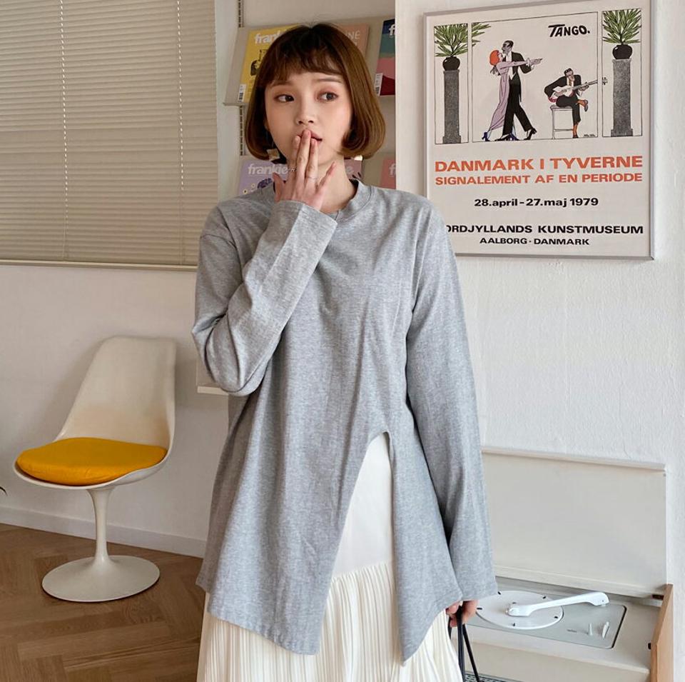 スリットTシャツ・全3色・t62117 レディース 【tops】【韓国 ファッション トップス Tシャツ カットソー ラウンドネック 長袖 ロングスリーブ フロントスリット 無地 ロング ロンT チュニック カジュアル 秋 冬】【STYLE】