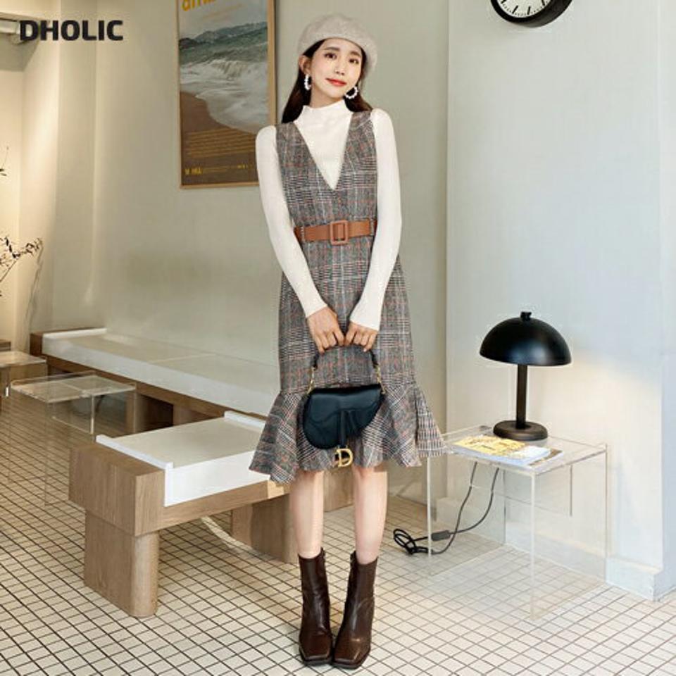 ベルト付ニット&チェックワンピース・全2色・t62133 レディース 【ops】【韓国 ファッション セット ワンピース ミディ ミドル 膝丈 Aライン フレアヘム ノースリーブ スリーブレス ニット 長袖 ハーフネック モックネック カジュアル 秋 冬】【STYLE】