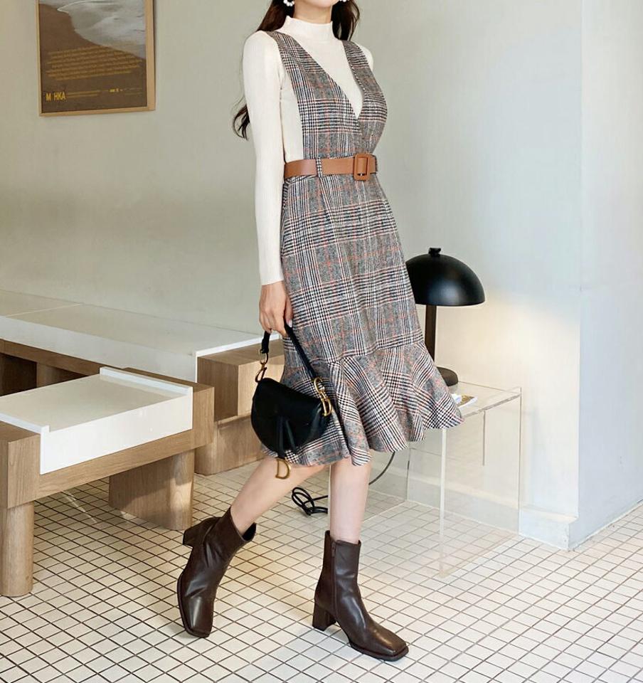 ベルト付ニット&チェックワンピース・全2色・t62133 レディース 【ops】【韓国 ファッション セット ワンピース ミディ ミドル 膝丈 Aライン フレアヘム ノースリーブ スリーブレス ニット 長袖 ハーフネック モックネック カジュアル 秋 冬】【STYLE】
