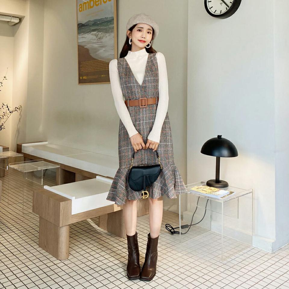 ベルト付ニット&チェックワンピース・全2色・t62133 レディース 【ops】【韓国 ファッション セット ワンピース ミディ ミドル 膝丈 Aライン フレアヘム ノースリーブ スリーブレス ニット 長袖 ハーフネック モックネック カジュアル 秋 冬】【STYLE】