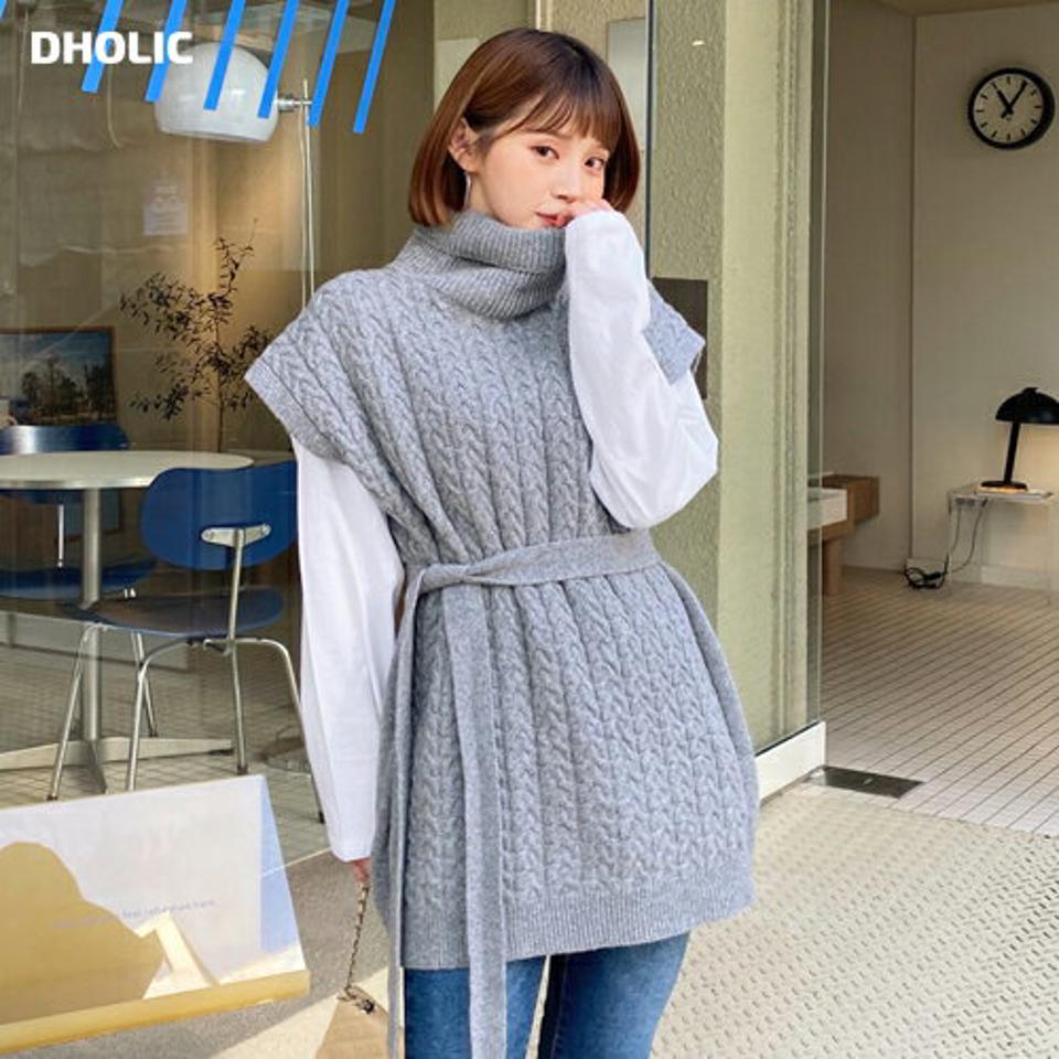 ストラップ付ツイストベスト・全3色・t62115 レディース 【tops】【韓国 ファッション トップス ニットベスト タートルネック ハイネック ケーブルニット ノースリーブ ロング ルーズ ゆったり 体型カバー チュニック カジュアル 秋 冬】【STYLE】