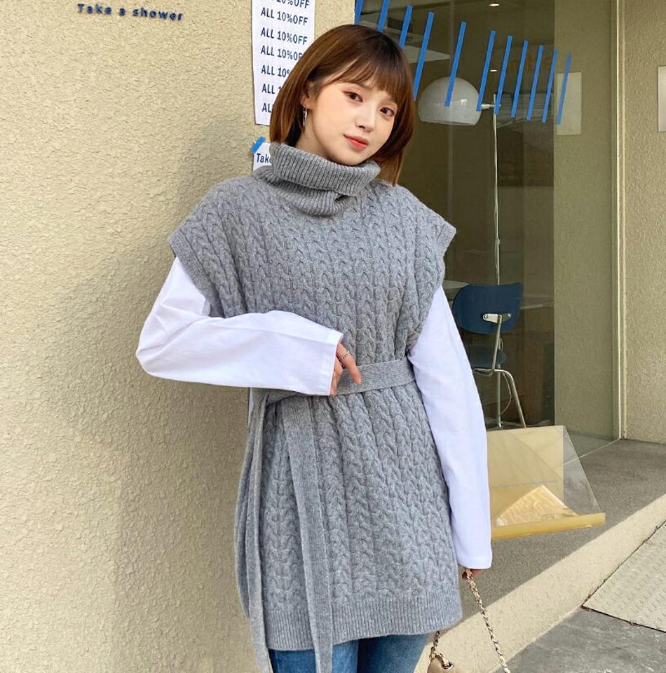 ストラップ付ツイストベスト・全3色・t62115 レディース 【tops】【韓国 ファッション トップス ニットベスト タートルネック ハイネック ケーブルニット ノースリーブ ロング ルーズ ゆったり 体型カバー チュニック カジュアル 秋 冬】【STYLE】