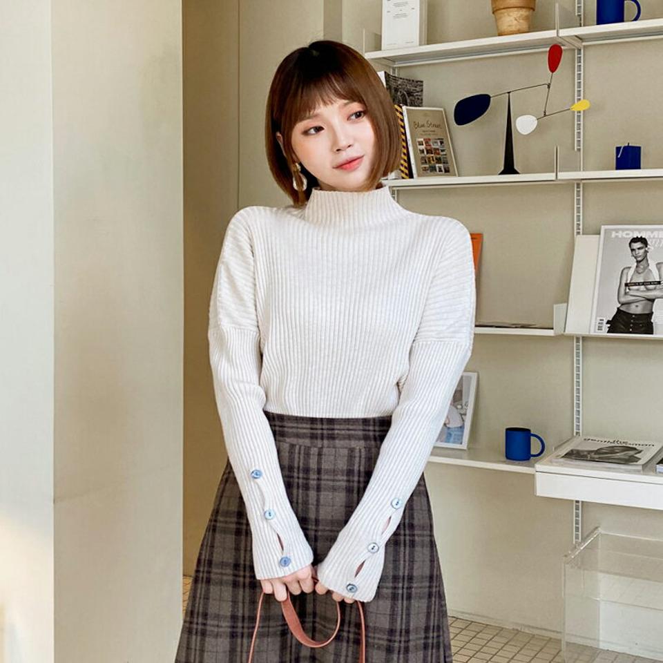 ボタンスリーブリブニット・全3色・b62123 レディース 【tops】【韓国 ファッション トップス ニット ハーフネック モックネック ハイネック スリム 細身 ドロップショルダー 無地 カジュアル 秋 冬】【STYLE】