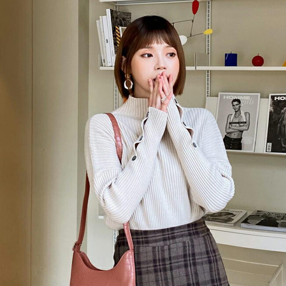 ボタンスリーブリブニット・全3色・b62123 レディース 【tops】【韓国 ファッション トップス ニット ハーフネック モックネック ハイネック スリム 細身 ドロップショルダー 無地 カジュアル 秋 冬】【STYLE】