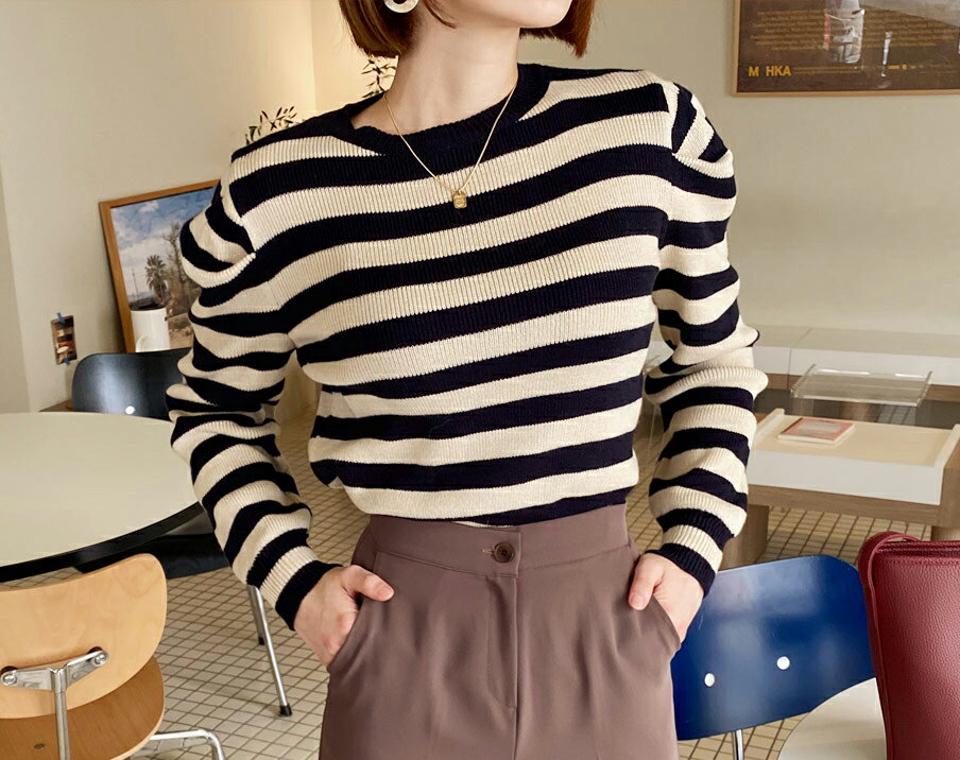 ボーダーパフニット・全2色・b62124 レディース 【tops】【韓国 ファッション トップス ニット ラウンドネック 長袖 パターン 柄 パフスリーブ スリム 細身 ハイゲージ カジュアル 秋 冬】【STYLE】