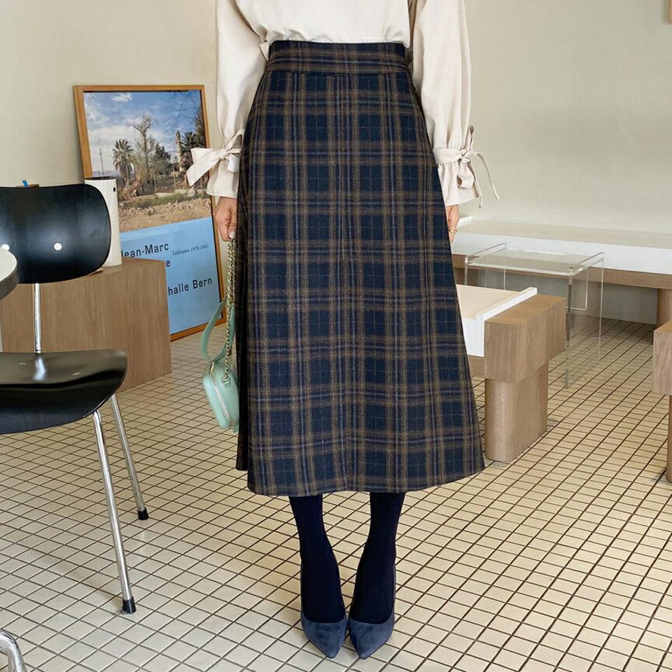 Aラインチェックスカート・全2色・b62146 レディース 【sk】【韓国 ファッション ボトムス スカート ロング フレア Aライン 無地 タータンチェック 大人 パターン 柄 カジュアル 秋 冬】【STYLE】
